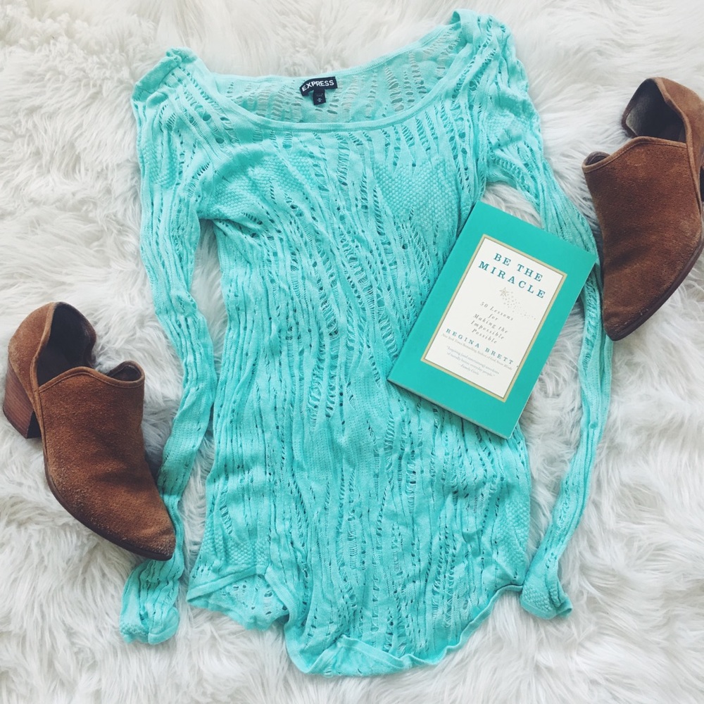 Express Mint Open-Knit Long Sleeve Top